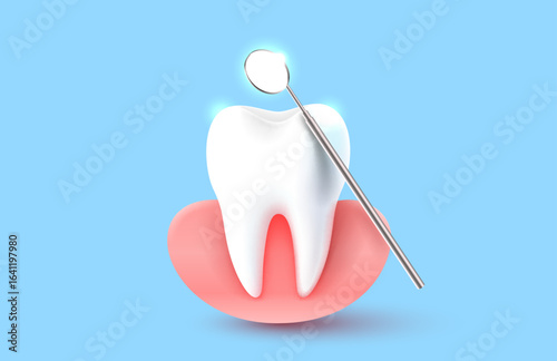 Tooth with gum, 3D illustration of a tooth on a light background. Vector illustration