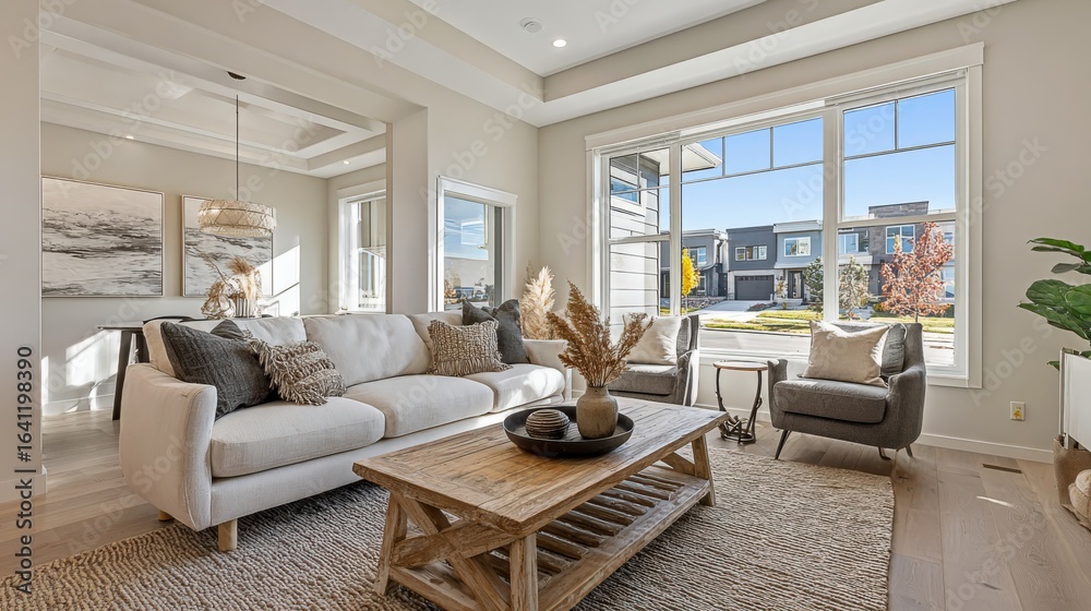 Fototapeta premium Bright and Spacious Living Room Design with Modern Decor and Open Floor Plan in a House