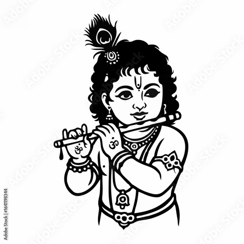 black and white krishna playing flute clip art preview