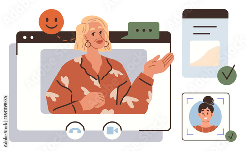 Woman speaking in a video call interface framed with social interaction icons, profile management, and feedback elements. Ideal for online learning, remote work, virtual meetings, communication