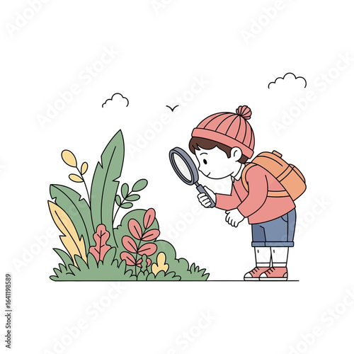 Curious boy exploring nature with a magnifying glass discovering plants and insects a daily life activity for children learning and education