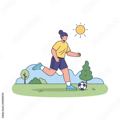 Woman enjoying a sunny day playing soccer outdoors a vibrant illustration of active daily life and recreational sport