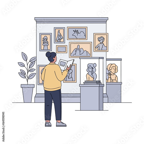 Person enjoying a cultural experience viewing artworks in a modern art gallery a perfect representation of daily leisure activities and personal enrichment