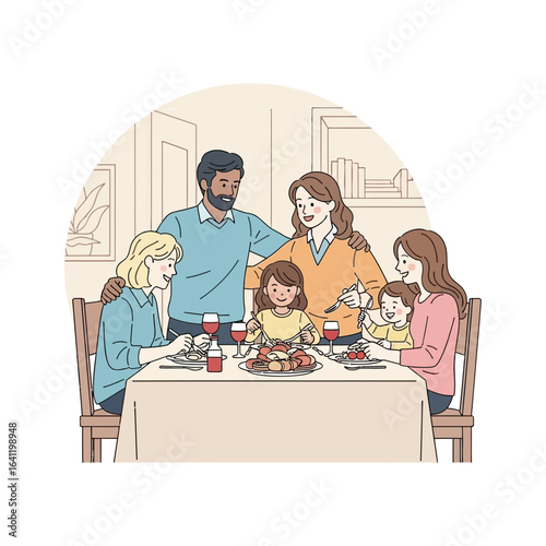 A happy family enjoying a delicious dinner together at home depicting everyday life activities and warm domestic bliss