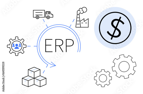 ERP concept with interconnected elements including gears, factory, truck, cubes, and currency. Ideal for operations, manufacturing, logistics supply chain finance automation technology. Simple