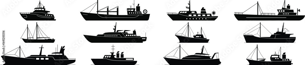 Obraz premium Collection of twelve vintage silhouette fishing boats and ships on white background