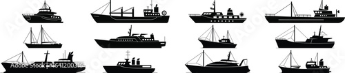 Collection of twelve vintage silhouette fishing boats and ships on white background