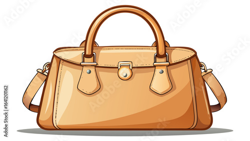  close up Women's light brown or beige leather bag with handles, isolate white background,