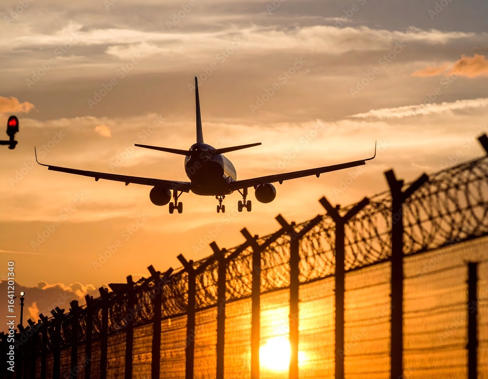 Fototapeta premium Airplane landing at sunset (4)