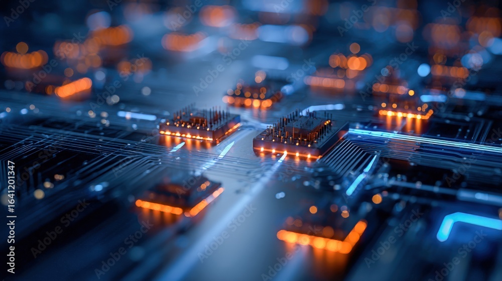 Obraz premium Futuristic Circuit Board with Glowing Components: High-Tech Innovation for Computing and Data Processing