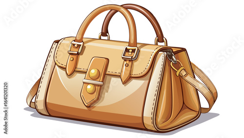  close up Women's light brown or beige leather bag with handles, isolate white background,