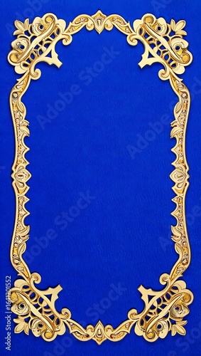 Elegant ornate golden baroque frame with intricate floral scrollwork on a vibrant royal blue background