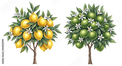 Vibrant citrus fruits in full bloom on the tree.