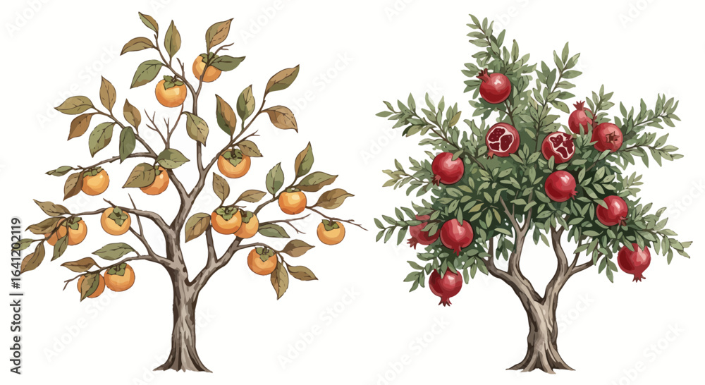 Fototapeta premium Two trees with fruit in them.