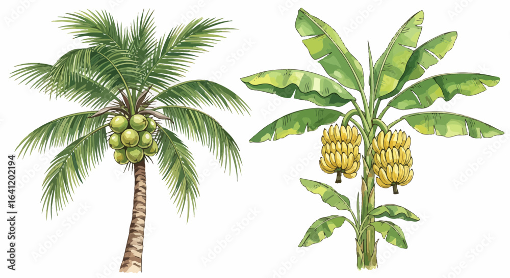 Fototapeta premium Illustration of a pair of tropical trees with coconut and banana fruits.