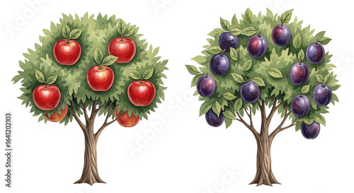 Two fruit-bearing trees displaying apples and plums.