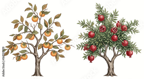 Two trees with fruit in them.