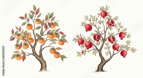 Two artistic trees laden with fruit.