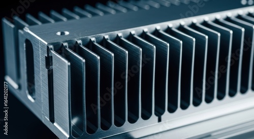 Close-up of a metallic heat sink.  Finned, rectangular structure.  Dark background.  Precisely crafted