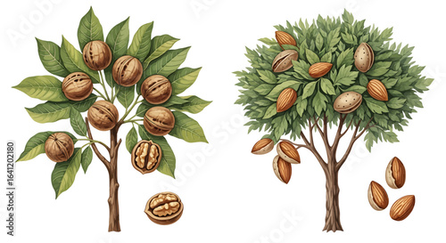 Nut trees bearing ripe nuts: walnuts and almonds.
