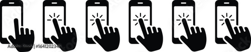 Touchscreen click finger tap smartphone mobile phone gesture hand pointer interface device icon vector set silhouette
