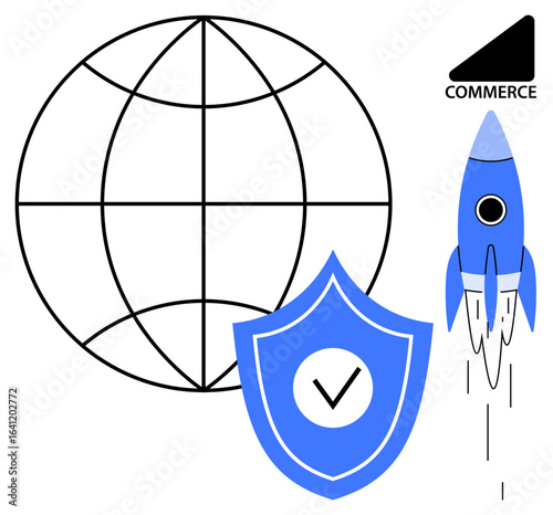 Globe, shield with checkmark, rocket, and commerce label represent global trade, safety, and innovation. Ideal for e-commerce, cybersecurity, startups global expansion technology business growth