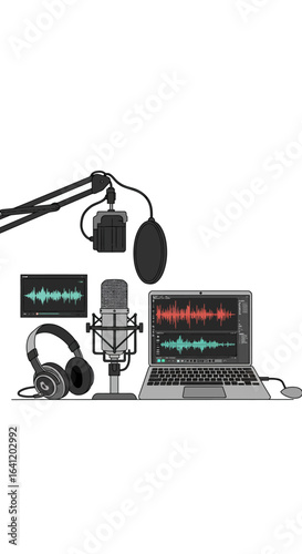 Complete digital audio workstation setup for sound recording and editing, featuring a studio microphone, headphones, and laptop displaying waveforms.