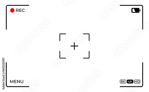 Horizontal video camera viewfinder frame. Overlay with screen grid and recording interface in HD, 4K and 8K. Transparent PNG and vector illustration.