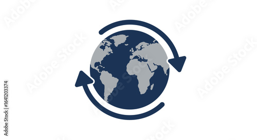 A stylized globe with two dark blue arrows circling it, symbolizing global connection and cycles.
