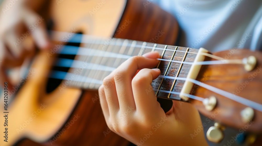 Obraz premium Close-up shot capturing a child's hands playing the ukulele strings delicately