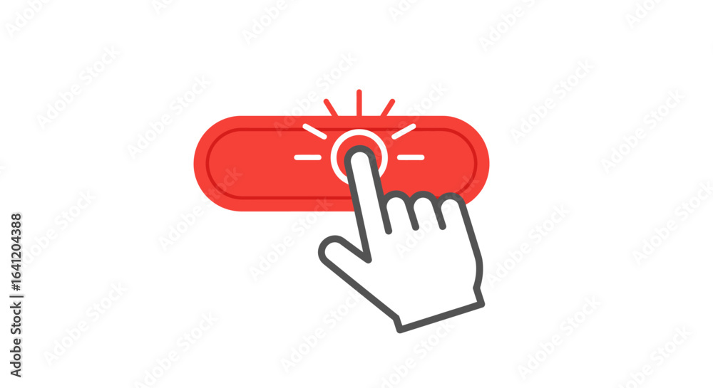 Fototapeta premium A hand cursor presses a red button with a glowing effect, indicating activation or selection on a white background.