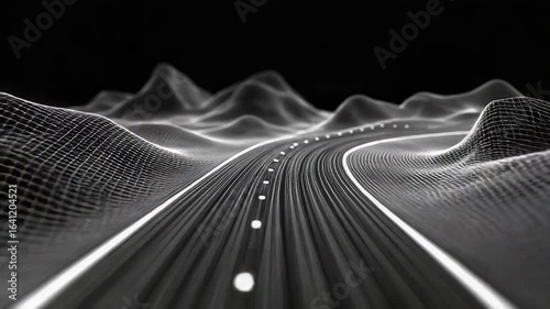 Digital highway crossing wireframe mountains on black background