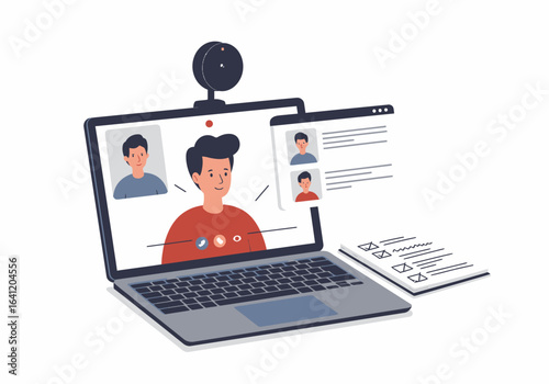Illustration of a laptop displaying a video conference call with multiple participants and a checklist, representing remote work or online communication.