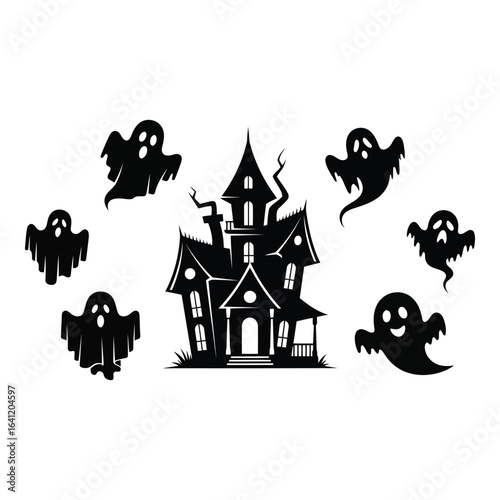 Vector art of haunted house and ghosts isolated on white background