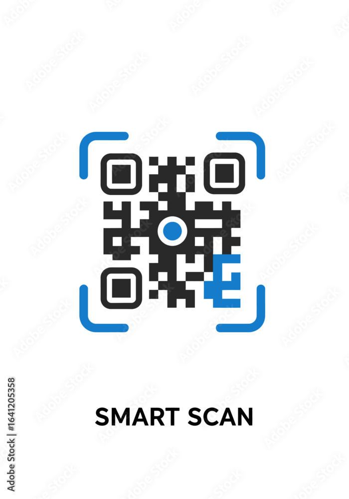 A modern QR code with blue corner indicators and the text A modern QR code with blue corner indicators and the text