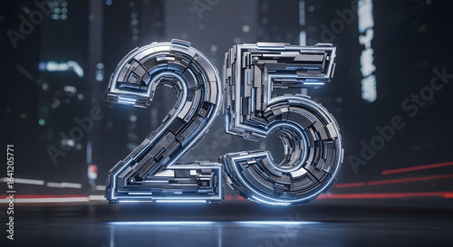 Futuristic Metallic Number 25 in Neon City Lights