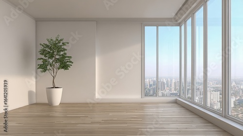 Wallpaper Mural Modern Empty Room Interior with Large Windows and City View, Featuring Minimalist Design and Natural Light Torontodigital.ca