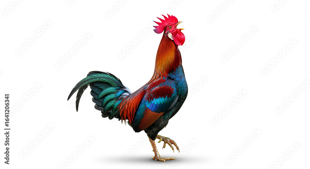 Fototapeta premium Isolated rooster crowing on white background vibrant colorful rooster farm animal poultry bird cock crowing sound