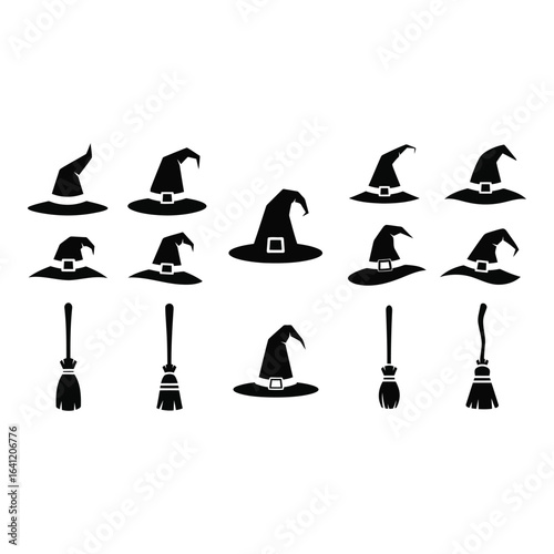 Vector art of witch hats and brooms isolated on white background