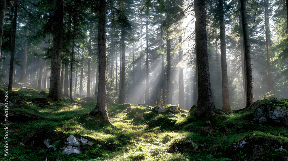 Obraz premium Sunlight Filtering through Forest Trees