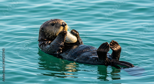 Otter Using Rock to Open Clam PNG