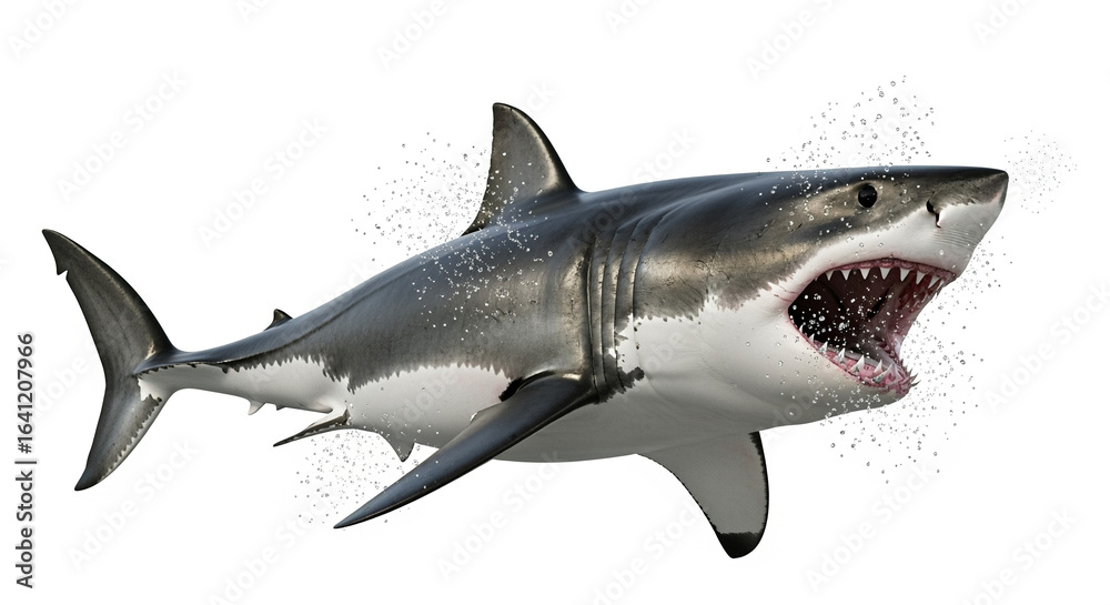 Fototapeta premium Isolated great white shark with open mouth showing teeth ocean predator dangerous sea animal marine life underwater