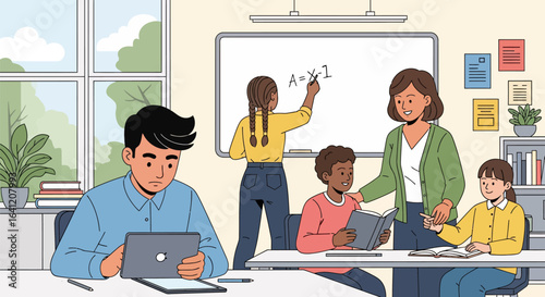 Engaged students learn math concepts from supportive teacher at modern classroom desk