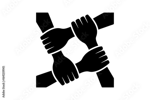 Four arms interconnected with hands in a square formation representing unity and support network