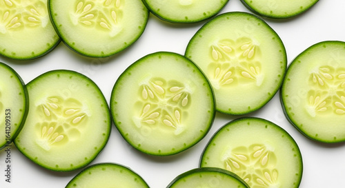 Fresh cucumber slices healthy food background vegetable ingredient salad preparation recipe ideas closeup photo