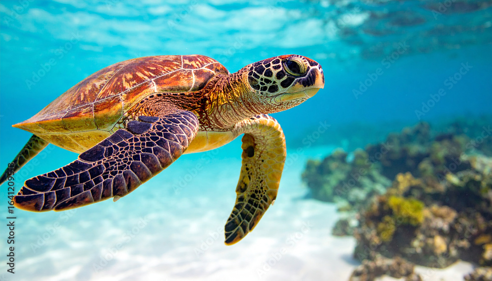 Fototapeta premium Sea Turtle's Serene Glide: Witness a captivating sea turtle as it gracefully navigates the clear, azure waters, embodying the tranquil beauty of the marine world.