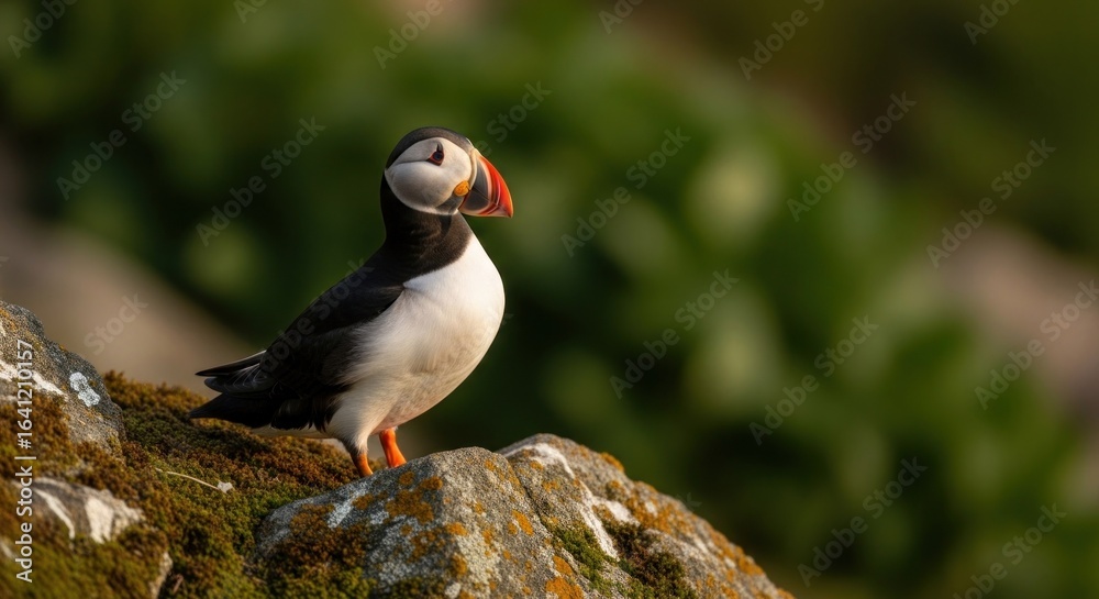 Obraz premium Puffin perched on a mossy rock, sunlit