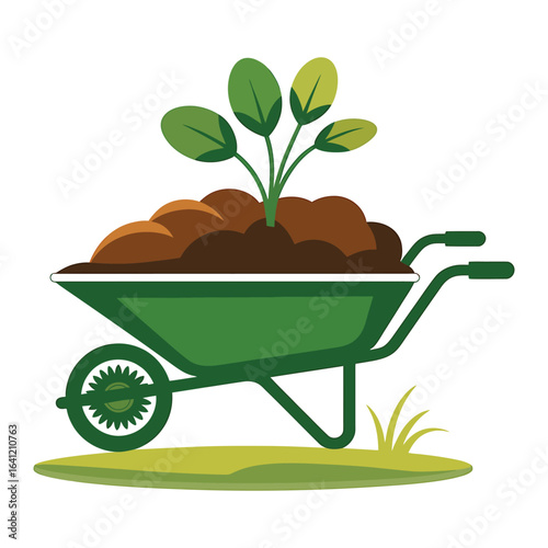 Green wheelbarrow with soil and plant sprout gardening