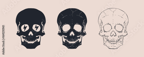 Death Skull Crossbones set. Retro hand drawn white skull, cross bones, white pirate flag. Vintage poster black skull skeleton, white background, celebration Halloween. Vector Illustration