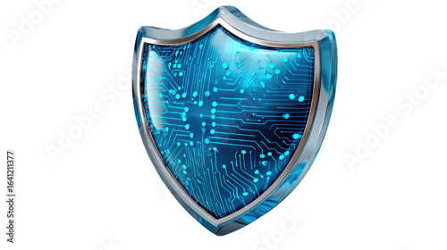 Digital Shield: A sophisticated shield symbolizes robust cybersecurity, its futuristic design encompassing intricate digital circuits and glowing components.